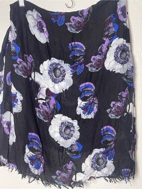 J.Crew Black Purple Blue Poppy Floral Frayed Edge Scarf